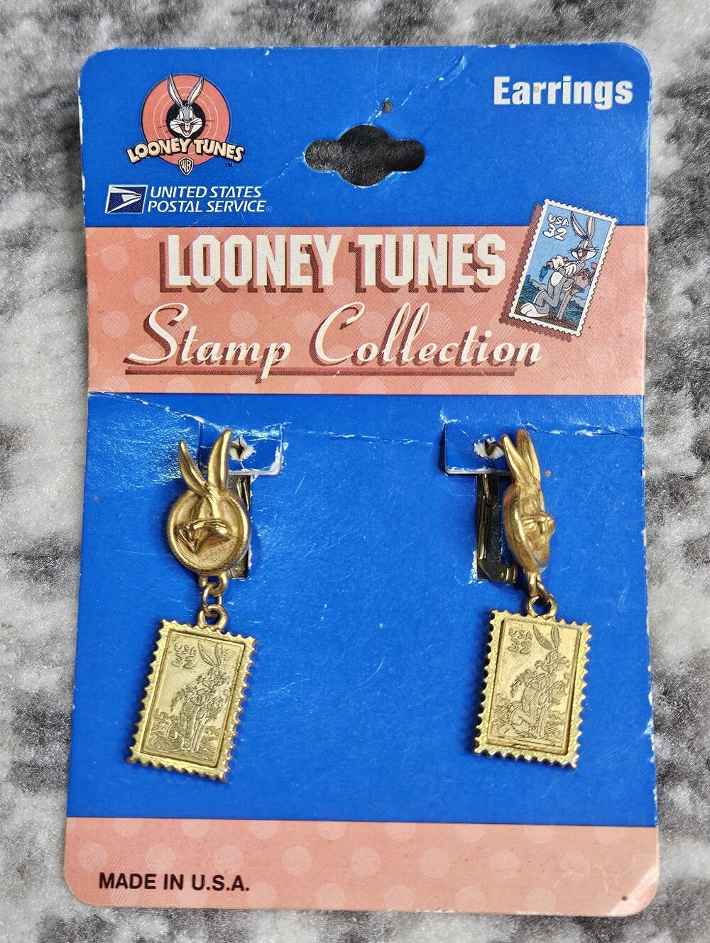 Looney Tunes Gold Tone Bugs Bunny USPS Stamp Drop Earrings Vintage 1997